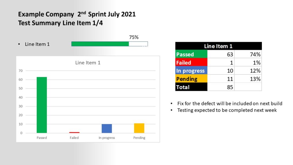 example of a test summary line on a software test report overview 1/2